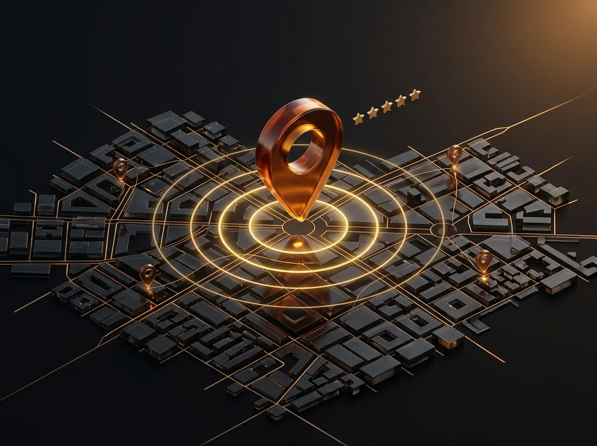 Amber location pin with radar rings and five stars above a dark 3D city map, representing local SEO