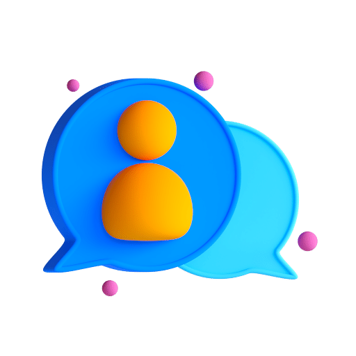 A blue and orange chat bubble with a person in it.