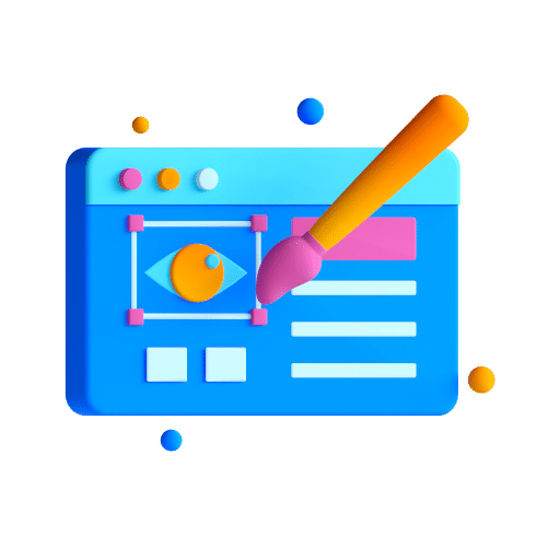 Alt text for a Lakeland and Winter Haven website marketing company: "3D illustration of a digital design interface symbolizing innovative website design, SEO, PPC, and workflow automation services offered by our Lakeland and Winter Haven team. Features a webpage template icon with a paintbrush and vibrant geometric shapes.