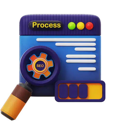Illustration of a webpage showcasing the word "Process" alongside an orange SEO gear icon, featuring vibrant buttons and a cylindrical element, symbolizing expert website design and SEO services. Tailored for a marketing company in Lakeland and Winter Haven, Florida, offering comprehensive solutions in SEO, website design, PPC, and workflow automation.