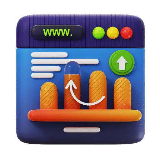 Optimized Alt Text: "3D Graphic of SEO and Website Design Growth for Lakeland & Winter Haven Marketing Company - Cartoonish web browser with upward-trending traffic chart icon, colorful traffic lights, and 'www.' address bar representing enhanced visibility through PPC and workflow automation services.