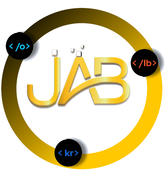 JABstract The jab logo, featuring website hosting, in a circle with black and yellow circles.