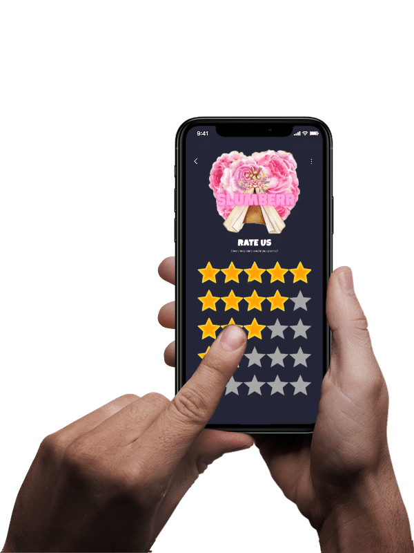A hand holding a smartphone using the website florida review with a star rating on it