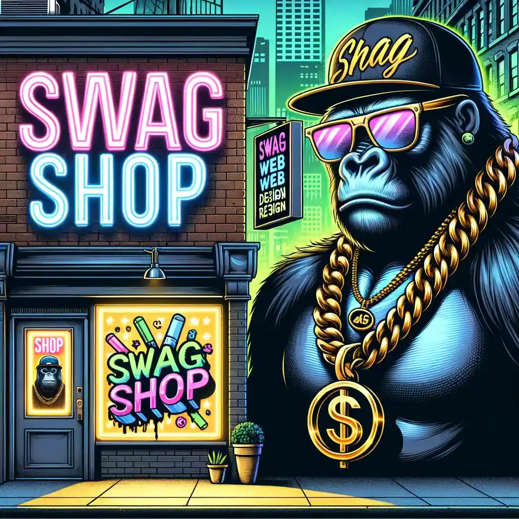 Alt Text: A cartoon gorilla wearing a gold chain and cap poses confidently outside a neon-lit "Swag Shop," symbolizing the creative and bold approach of our marketing company in Lakeland and Winter Haven, Florida, specializing in SEO, website design, PPC, and workflow automation to boost your business presence.