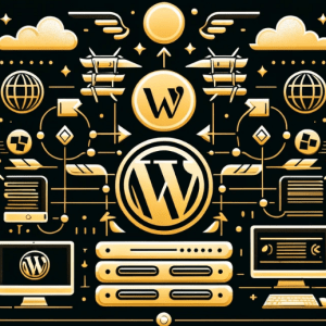 A gold WordPress Website Migration Support logo on a black background.