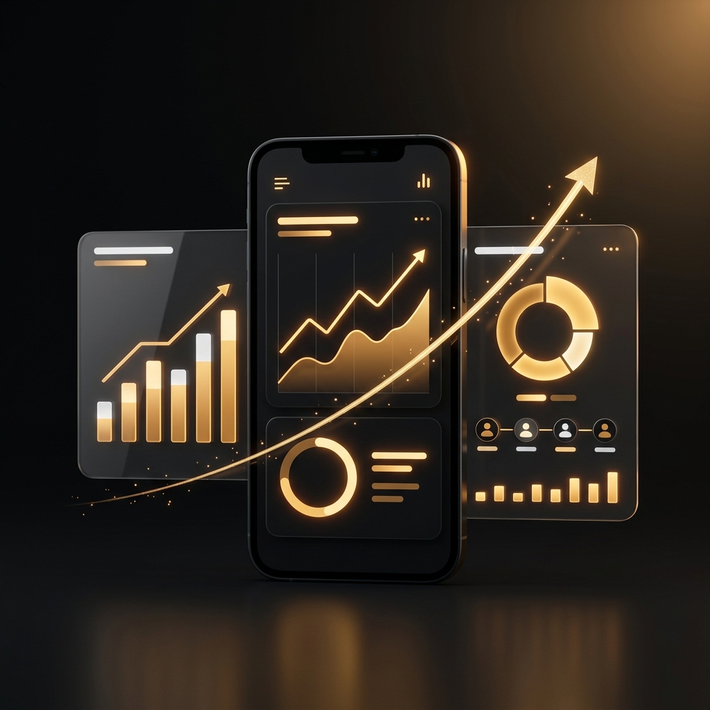 Smartphone and glass dashboard cards with rising amber charts connected by a golden growth arrow - JABstract results concept.